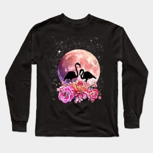 Flamingo shades pink Moon and flowers Long Sleeve T-Shirt